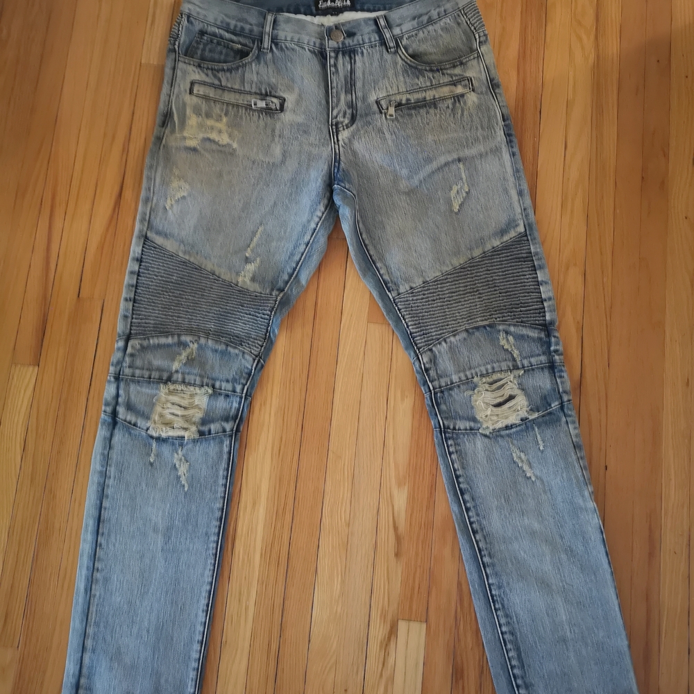 Embellish Men's Distressed Y2K Skinny Jeans in Light Blue Wash